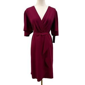 Donna Morgan Mulberry Wrap Midi Dress Burgundy 10 Elegant Flutter Sleeve Holiday